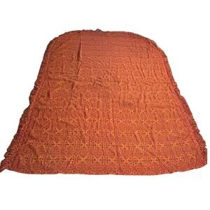 VTG 1970s Damask Bedspread Red Brocade Fringe Edging 78"x100" Boho Full Bedding